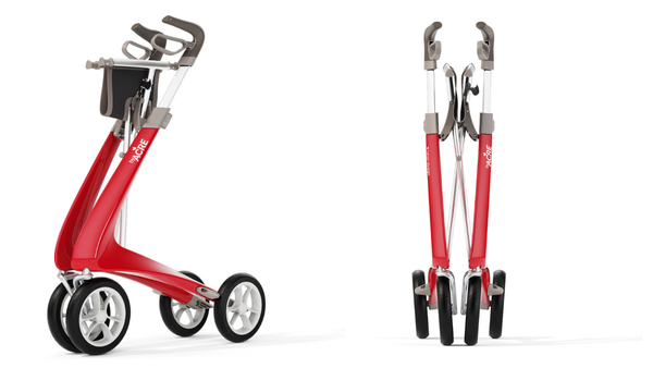 A folded red byACRE Ultralight Rollator