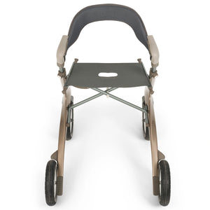 A folding rollator with a dark gray padded seat and backrest.