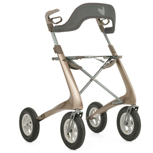 The padded backrest fitted to the bike, a carbon overland rollator