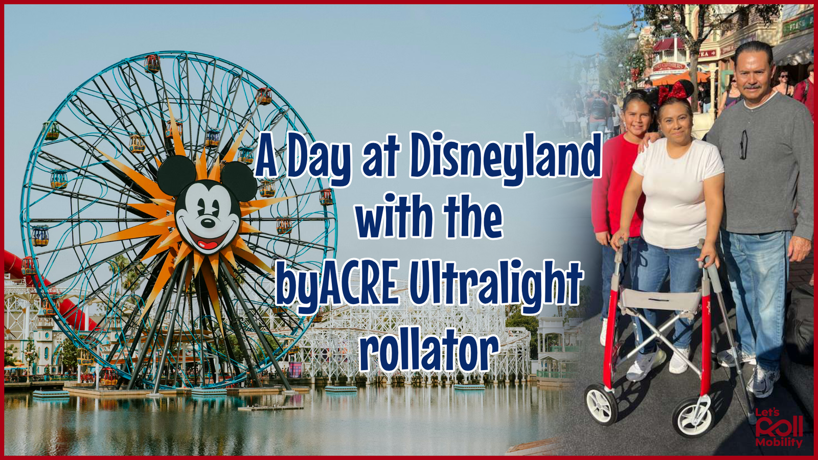 Disney land with a family with their byACRE Carbon Ultralight rollator in red