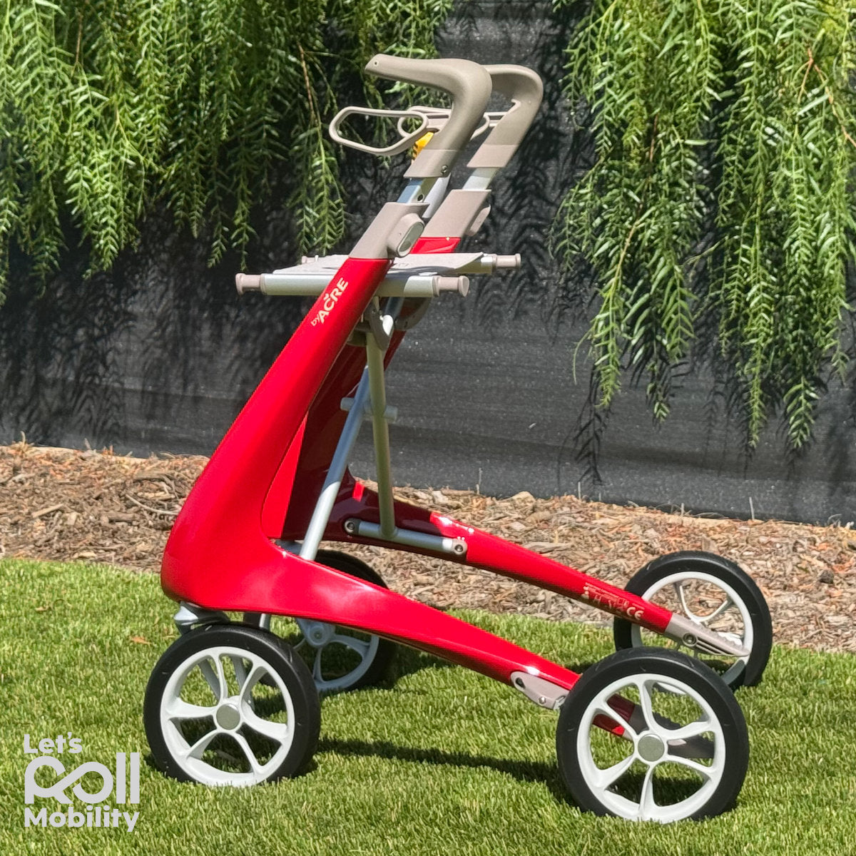 Strawberry Red byACRE Ultralight rollator in direct sunlight