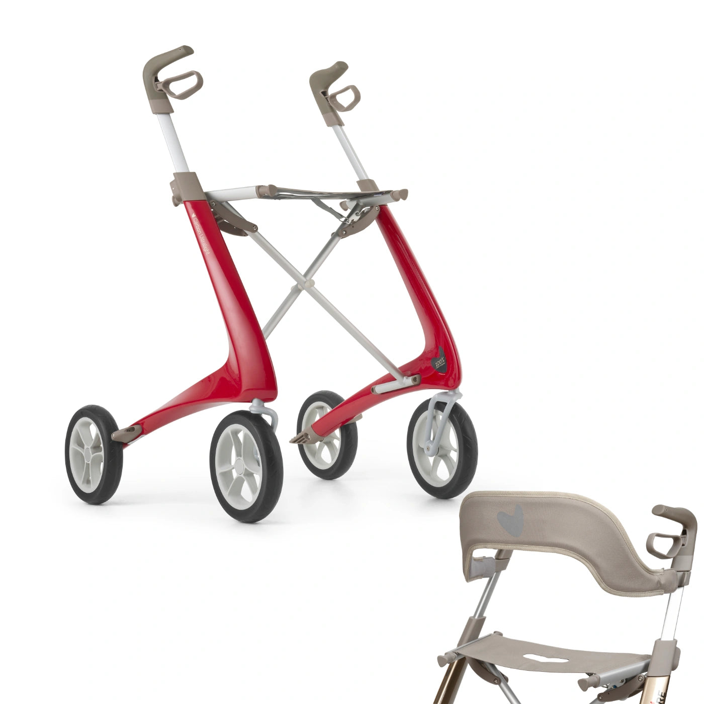 Strawberry Red byACRE Ultralight Rollator with Backrest Bundle 