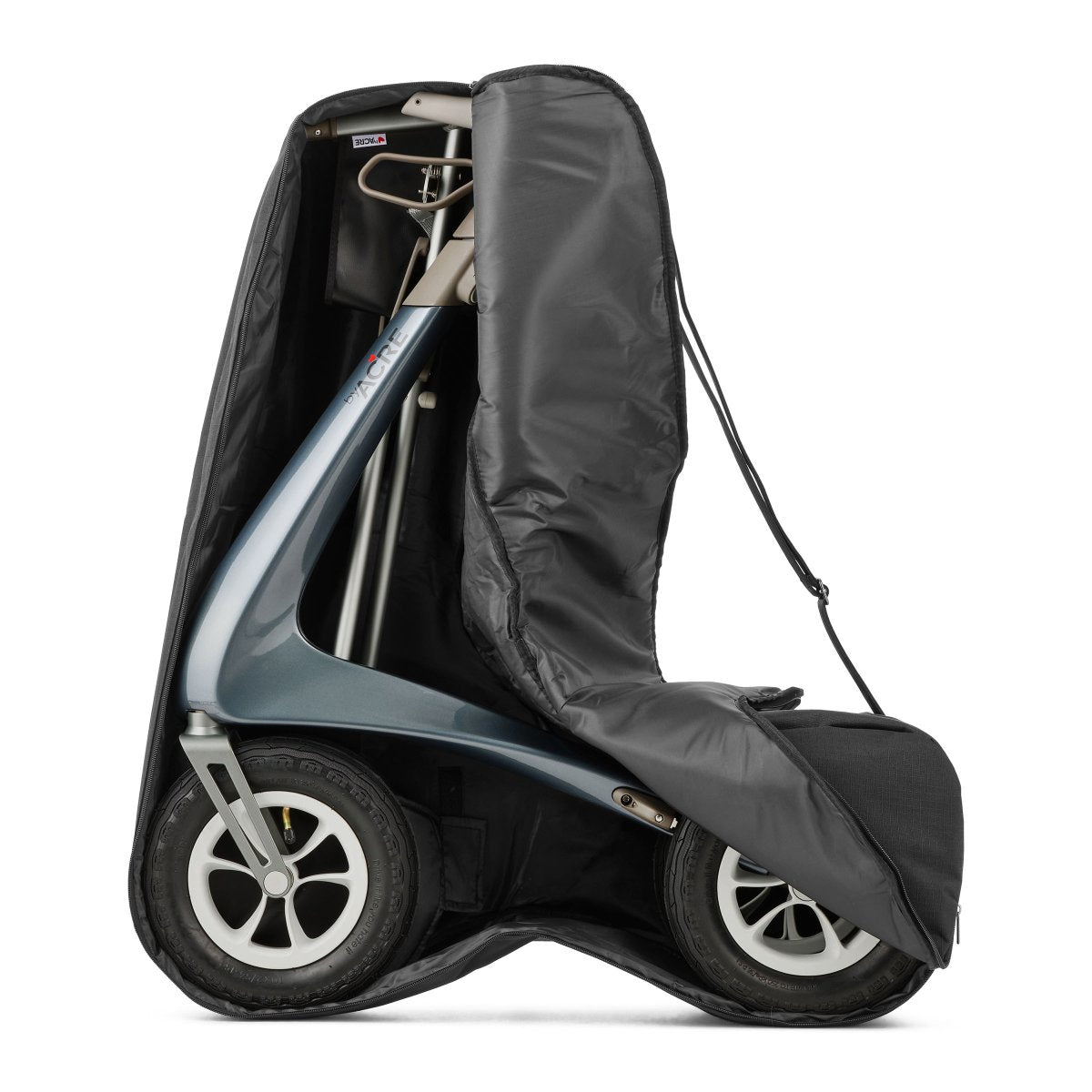 The byACRE Overland rollator inside of the travel bag