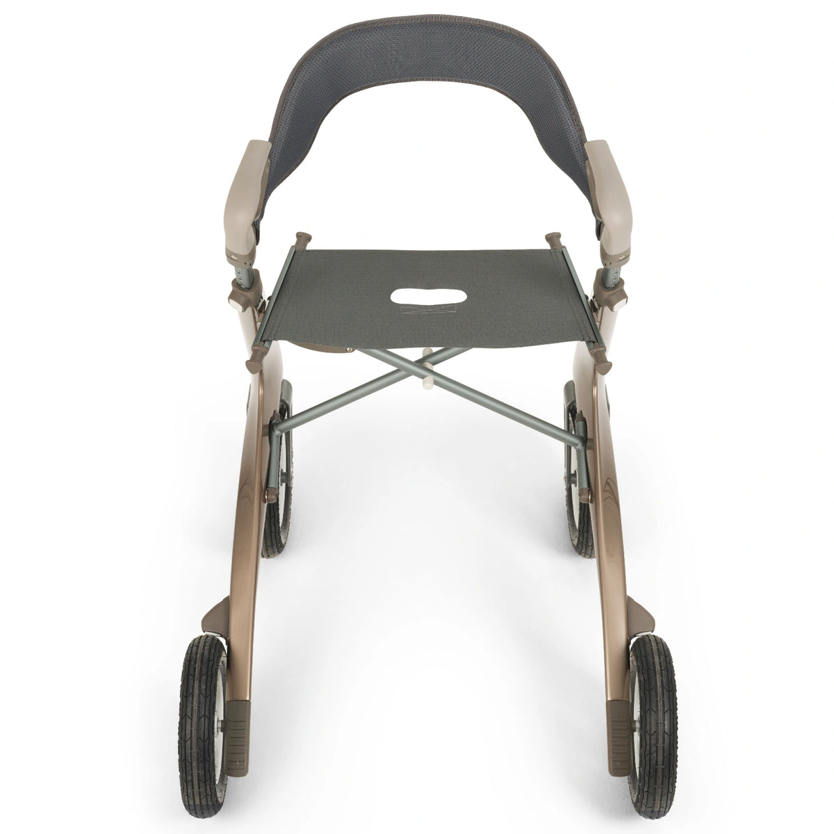 A folding rollator with a dark gray padded seat and backrest.
