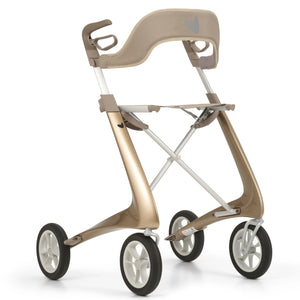 The champagne gold byACRE Carbon Ultralight rollator with the new padded back rest fitted to it 