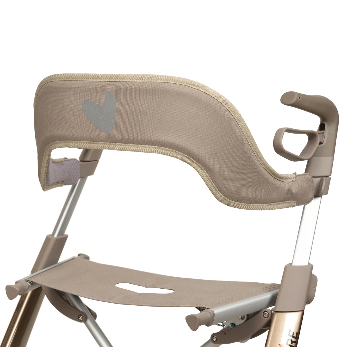 Close-up of the byACRE Ultralight padded backrest showing the reflective heart. 