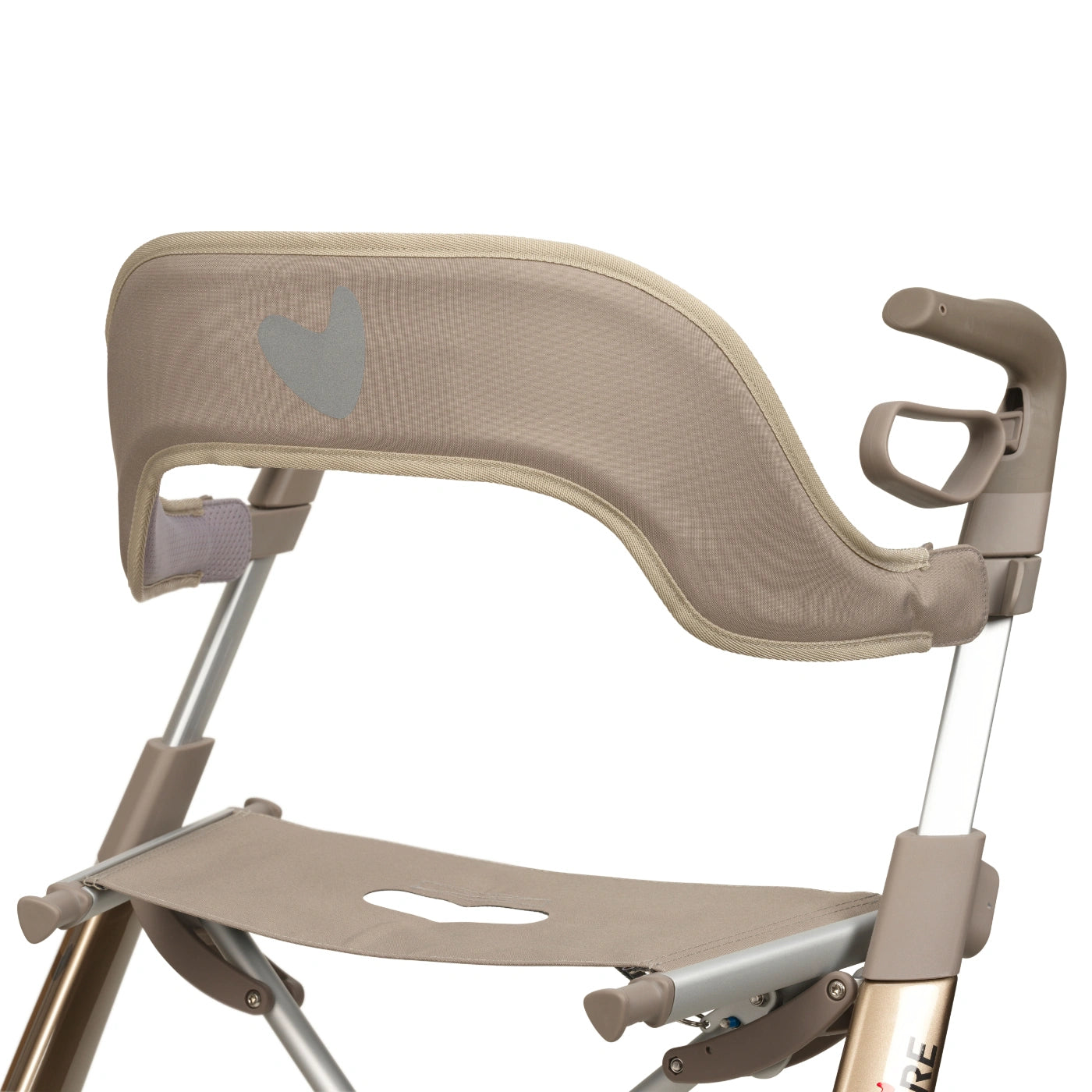 Close-up of the byACRE Ultralight padded backrest showing the reflective heart. 