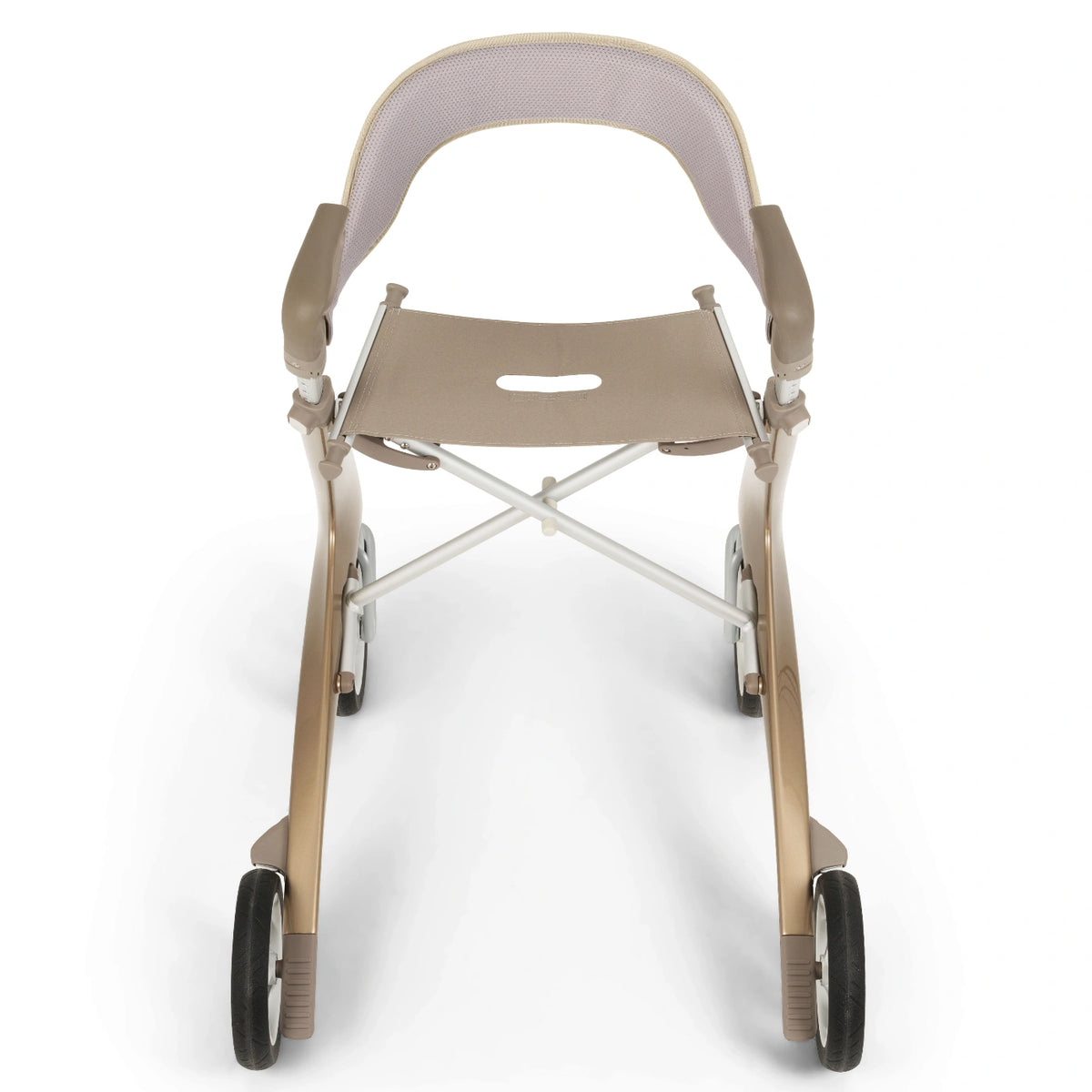 An aerial view of the padded backrest fitted to a champagne gold byACRE Carbon Ultralight rollator. 