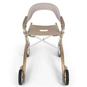 An aerial view of the padded backrest fitted to a champagne gold byACRE Carbon Ultralight rollator. 