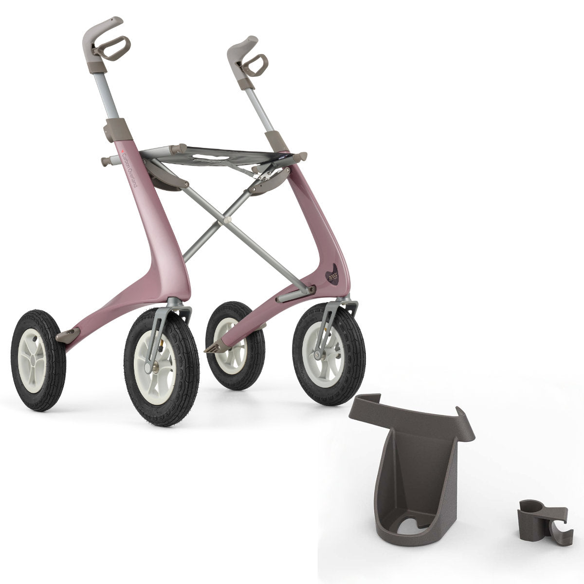 Rose Gold byACRE Overland Rollator with Cane Holder Bundle 