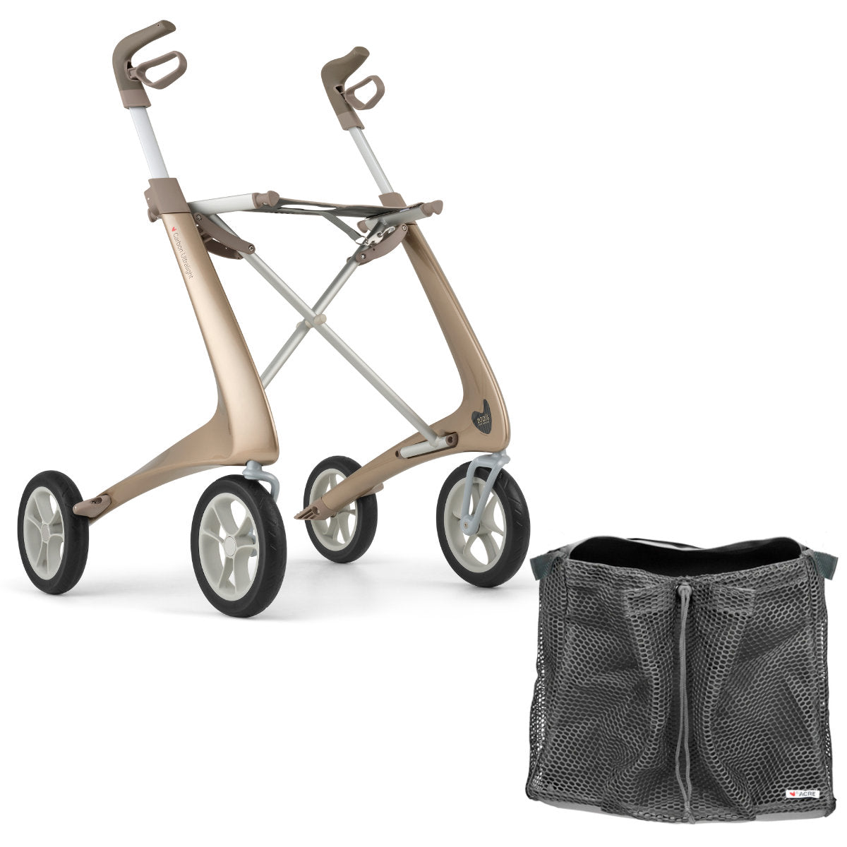 Champagne Gold byACRE Ultralight Rollator with grocery bag Bundle 